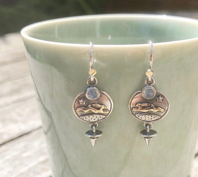 'Hare and Moonstone', drop earrings
